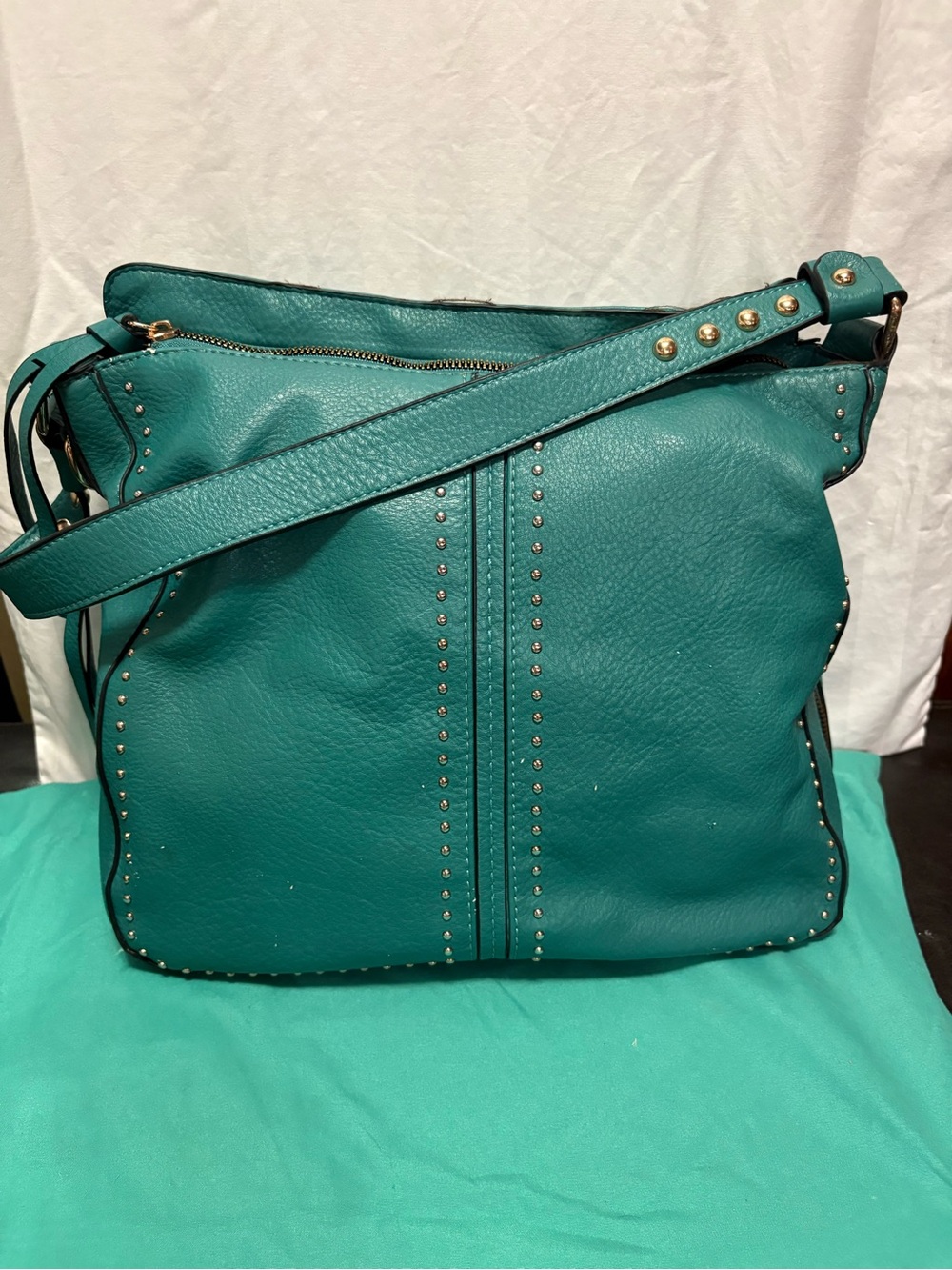 Teal Leather Stud-Trim Shoulder Bag for Women
